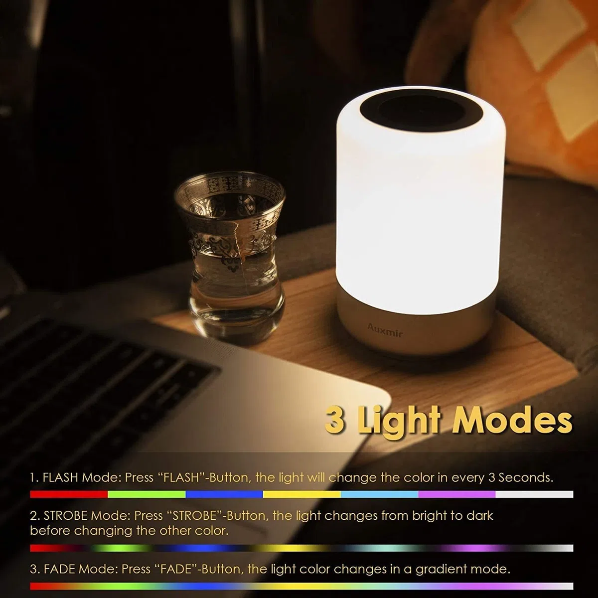 Auxmir Lampe de Chevet, Veilleuse d'allaitement Nuit, Veilleuse LED Tactile avec 13 Couleurs RGB, Rechargeable USB, Lampe de Chevet sans Fil Télécommande pour Chambre Eanfant Salon Camping