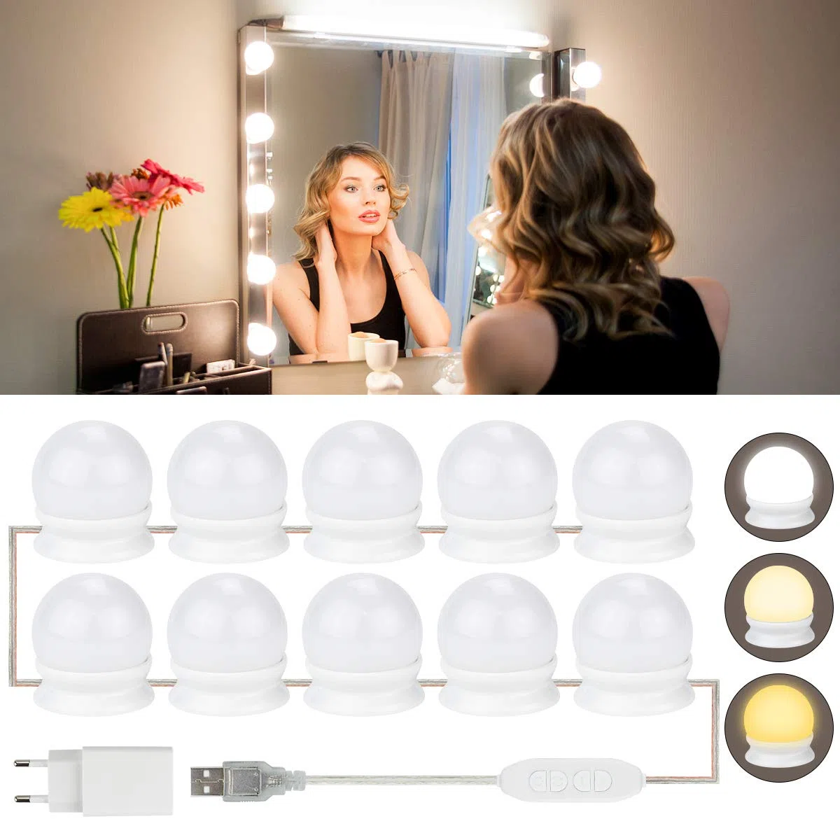 K KUMEED Guirlande Luminaire Hollywood 10 LED, 3 Températures & 10 Niveaux de Luminosité, Alimentation USB + Adaptateur, Fixation 3M, pour Coiffeuse Chambre Salle de Bain