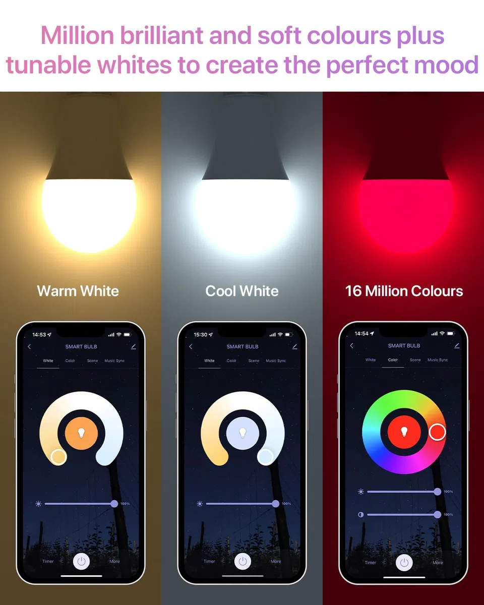 Ampoule Connectée, Ampoule LED E27 Multicolore 2700K-6500K RGB Dimmable, Ampoule Intelligente Compatible avec Alexa et Google Home, 9W 900lm Bluetooth &WiFi 2.4GHz, 2 PCS (Pas Besoin de Hub)