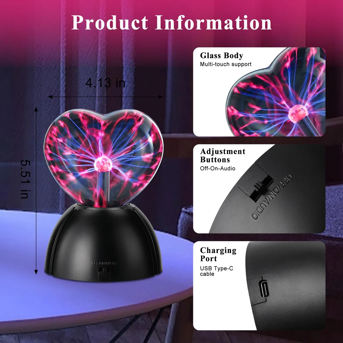 Boule Plasma, Lumière de Boule de Plasma, Boule Magique Lamp, Lampe à Plasma en Forme de Cœur, Touch Sensible, Lampe Plasma pour Veilleuse Enfant, Cadeaux de Noël, Saint-Valentin