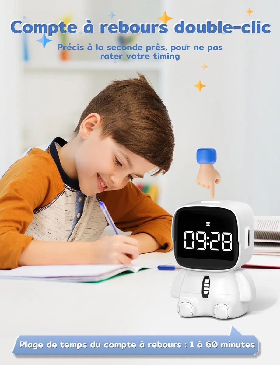 YISSVIC Réveil Enfant Réveil Matin Numérique 2 Alarme/12/24 Heure/Snooze/Minuterie 5 Musiques d'Alarme Son Réglable Port USB Rechargeable pour Enfants Adultes