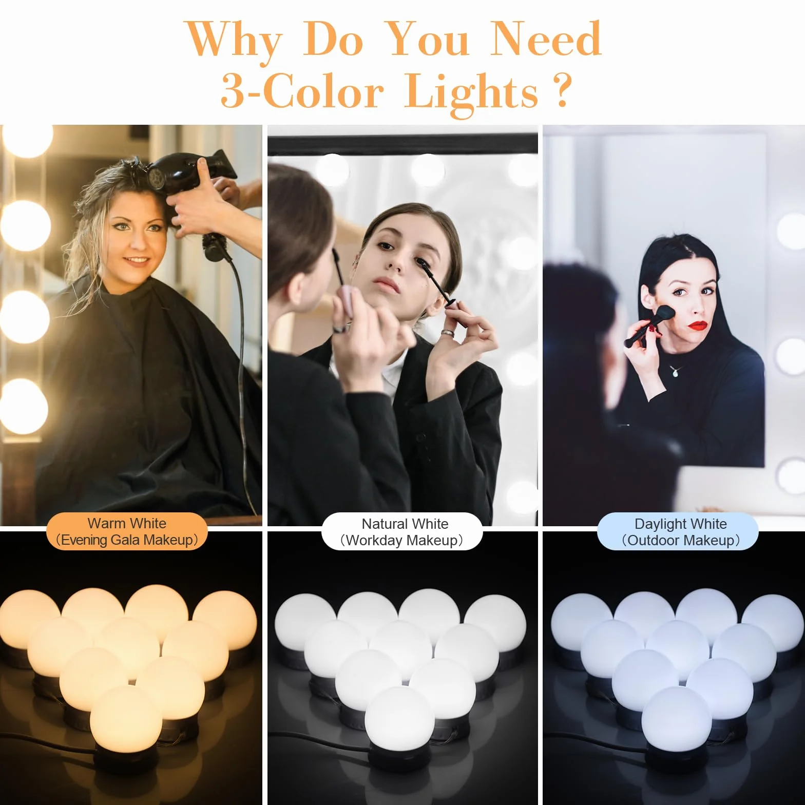 GLUROO Lampe de miroir de maquillage, lampes LED de coiffeuse avec 10 ampoules réglables, 3 modes de couleur, alimentée par USB, lumières de coiffeuse style Hollywood avec interrupteur