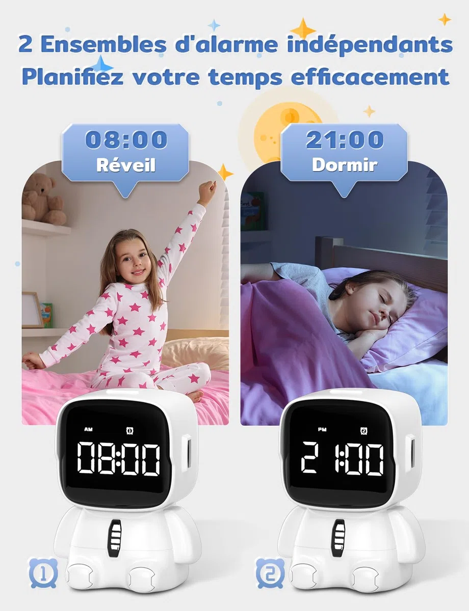 YISSVIC Réveil Enfant Réveil Matin Numérique 2 Alarme/12/24 Heure/Snooze/Minuterie 5 Musiques d'Alarme Son Réglable Port USB Rechargeable pour Enfants Adultes