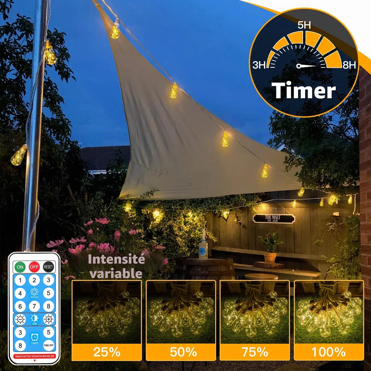 Ollny Guirlande Lumineuse Exterieure Solaire, 8m 16 S17 Ampoules, Guirlande Solaire Exterieur Guinguette avec Télécommande, 8 Modes-Minuterie-IP65 Étanche-USB, pour Jardin Balcon Terrasse Mariage Fête