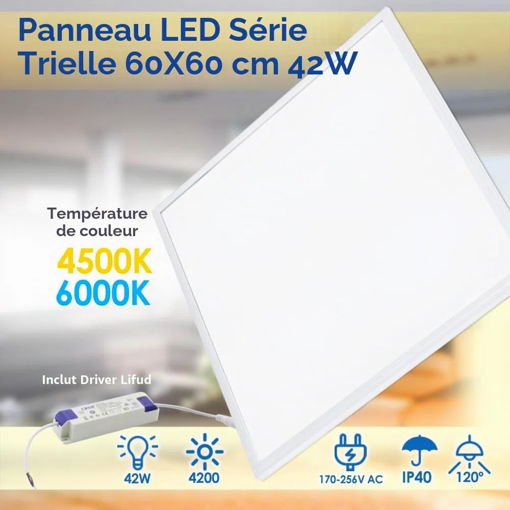 M Ledme -Lot de 2 Panneaux LED 60 x 60 cm Trielle 42W, 4200 lm, Lumière Froide 6000K, Flicker Free, UGR<19, Driver Philips, IP40, LM5314