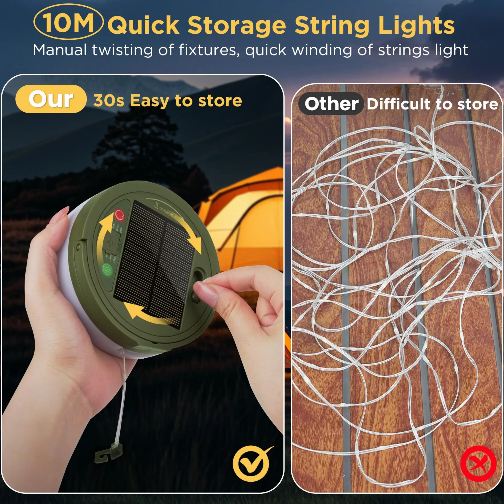 10M Chaîne Lumineuse de Camping Enroulable, Chaîne lumineuse LED d'extérieur étanche 4 en 1 avec 9 modes d'éclairage, portable Lampe de camping USB rechargeable pour le camping, la randonnée