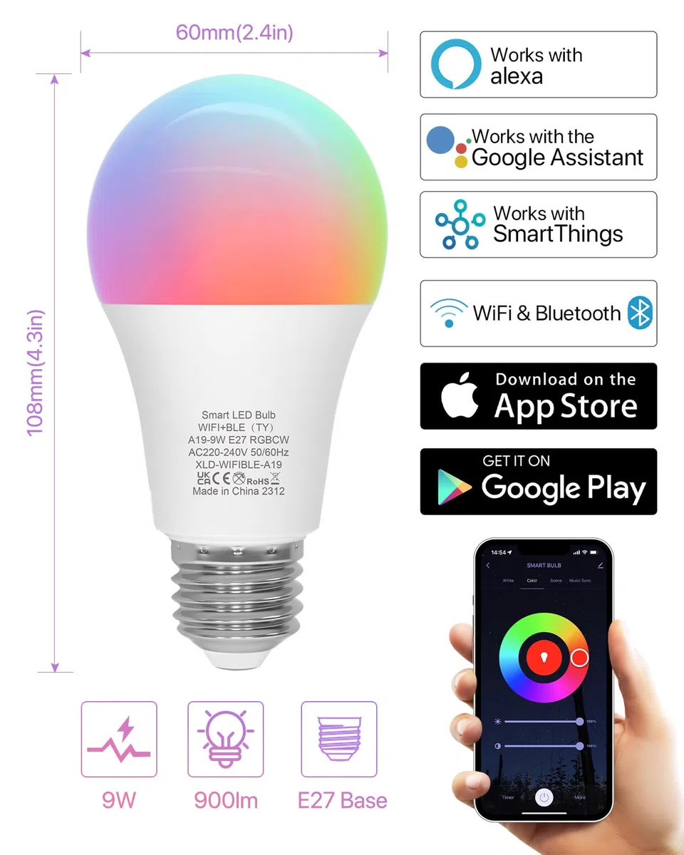 Ampoule Connectée, Ampoule LED E27 Multicolore 2700K-6500K RGB Dimmable, Ampoule Intelligente Compatible avec Alexa et Google Home, 9W 900lm Bluetooth &WiFi 2.4GHz, 2 PCS (Pas Besoin de Hub)
