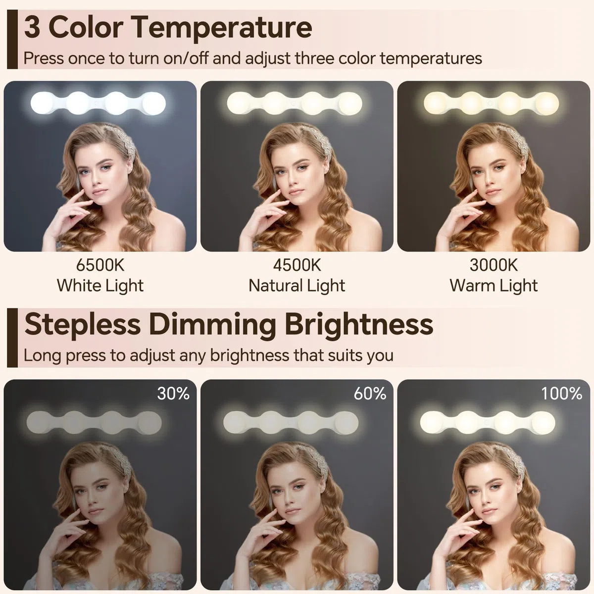 Lumiere Coiffeuse Maquillage sans fil, Dimmable, Rechargeable par USB, 3 Modes de Couleur, LED Lampe de Maquillage Portables, Eclairage Lampe de Miroir, Hollywood Kit Lumière du Miroir