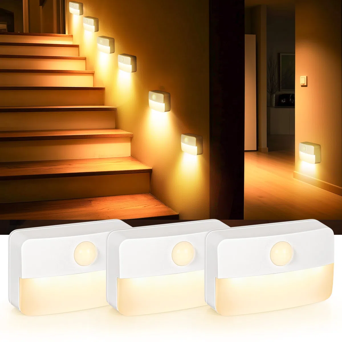 Lot de 8 Lampe LED Escalier Détecteur de Mouvement pour Escalier – Lumiere Veilleuse Detecteur de Mouvement, Adhésif Sans Fil Perçage, Mini Alimentée Par piles Enfant, pour Couloir/Armoire/Chambre