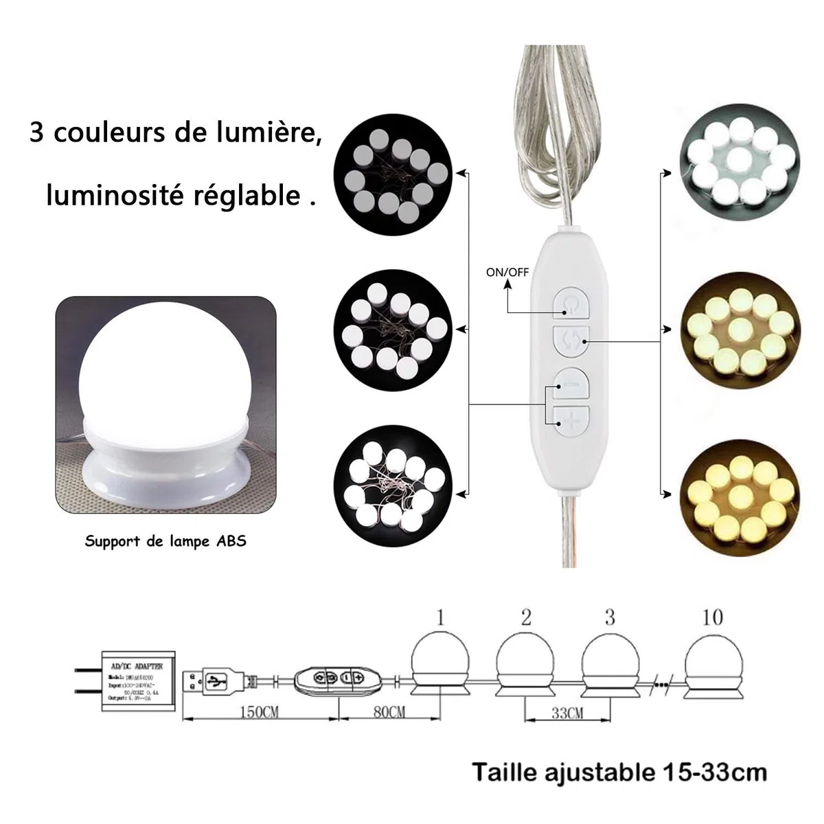 K KUMEED Guirlande Luminaire Hollywood 10 LED, 3 Températures & 10 Niveaux de Luminosité, Alimentation USB + Adaptateur, Fixation 3M, pour Coiffeuse Chambre Salle de Bain