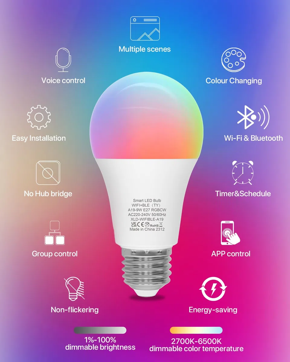 Ampoule Connectée, Ampoule LED E27 Multicolore 2700K-6500K RGB Dimmable, Ampoule Intelligente Compatible avec Alexa et Google Home, 9W 900lm Bluetooth &WiFi 2.4GHz, 2 PCS (Pas Besoin de Hub)