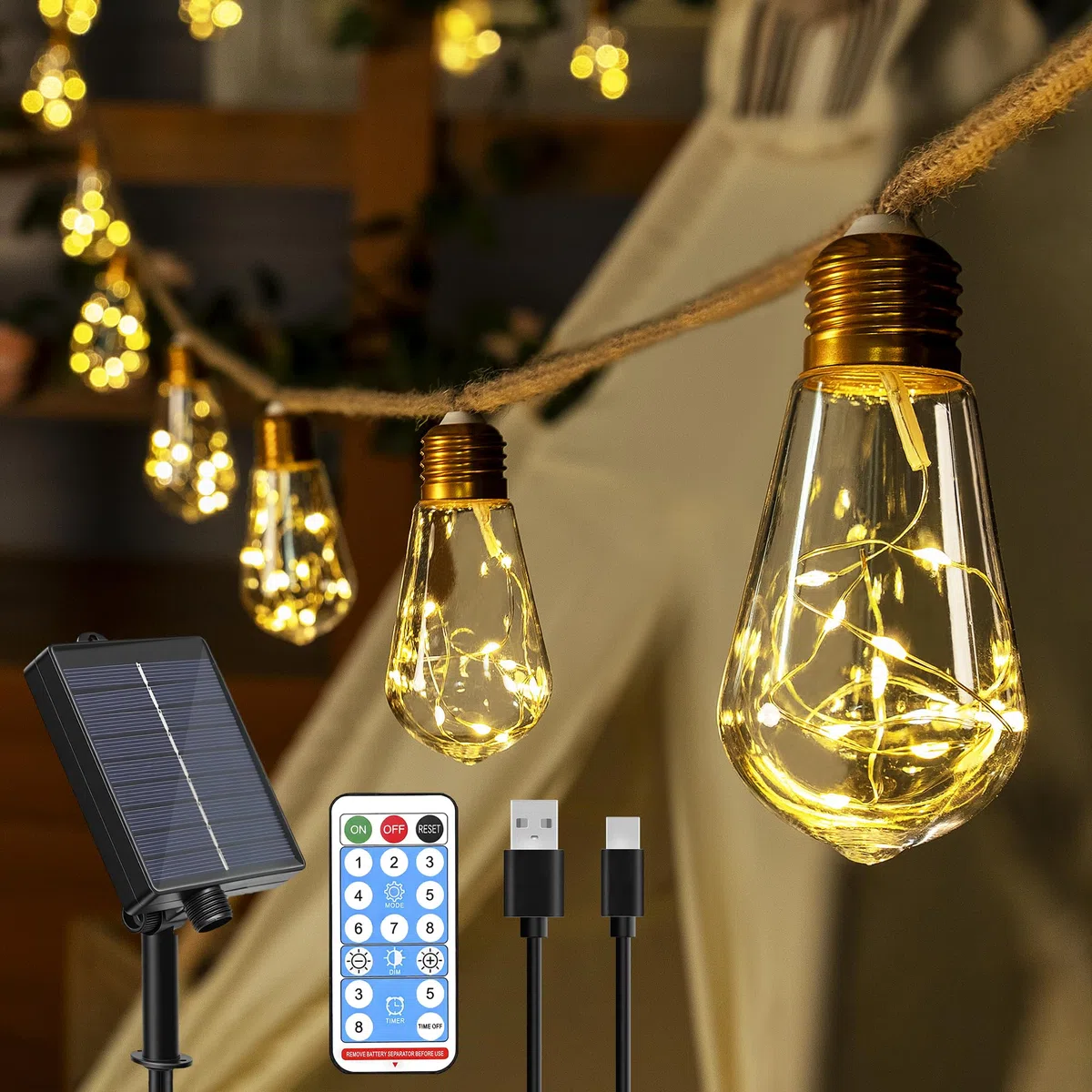 Ollny Guirlande Lumineuse Exterieure Solaire, 8m 16 S17 Ampoules, Guirlande Solaire Exterieur Guinguette avec Télécommande, 8 Modes-Minuterie-IP65 Étanche-USB, pour Jardin Balcon Terrasse Mariage Fête