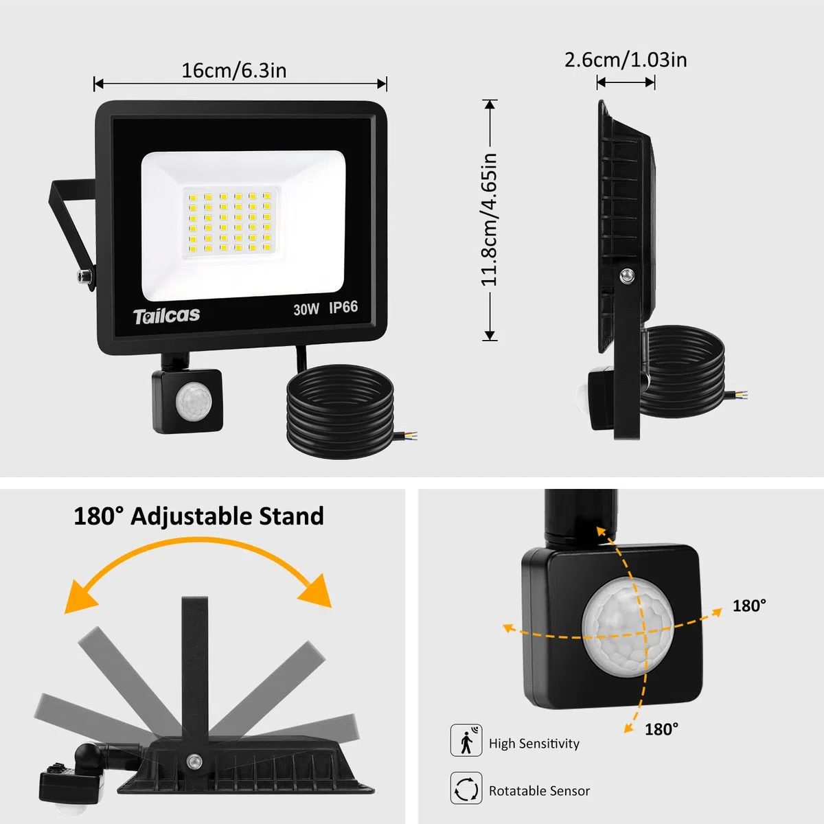 Tailcas 30W Projecteur Exterieur Detecteur de Mouvement, 6500K Blanc Froid 36 Leds Super Lumineux Spot, 2700 LM IP66 Etanche Eclairage Exterieur Avec Detecteur pour Jardin, Patio, Garage