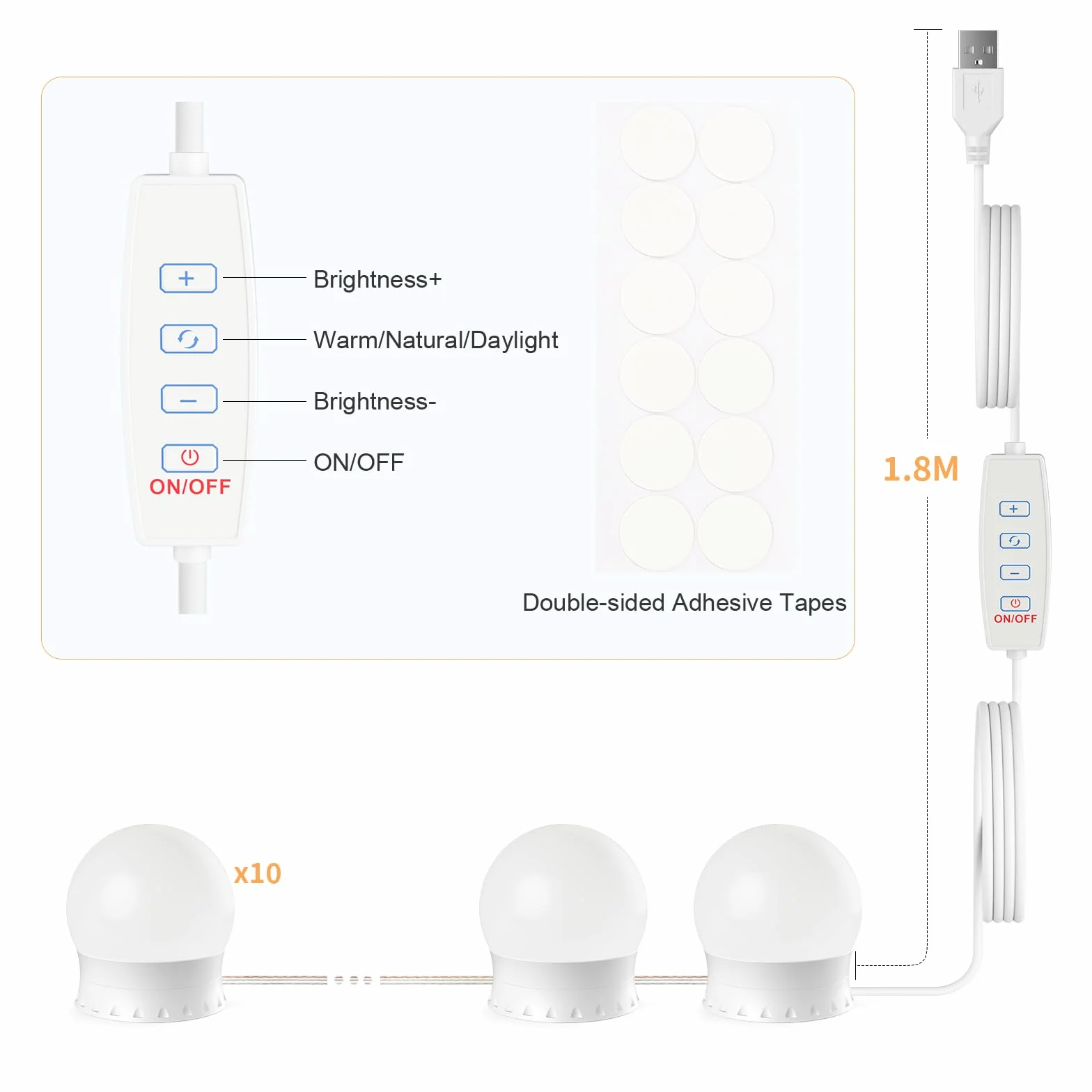 GLUROO Lampe de miroir de maquillage, lampes LED de coiffeuse avec 10 ampoules réglables, 3 modes de couleur, alimentée par USB, lumières de coiffeuse style Hollywood avec interrupteur