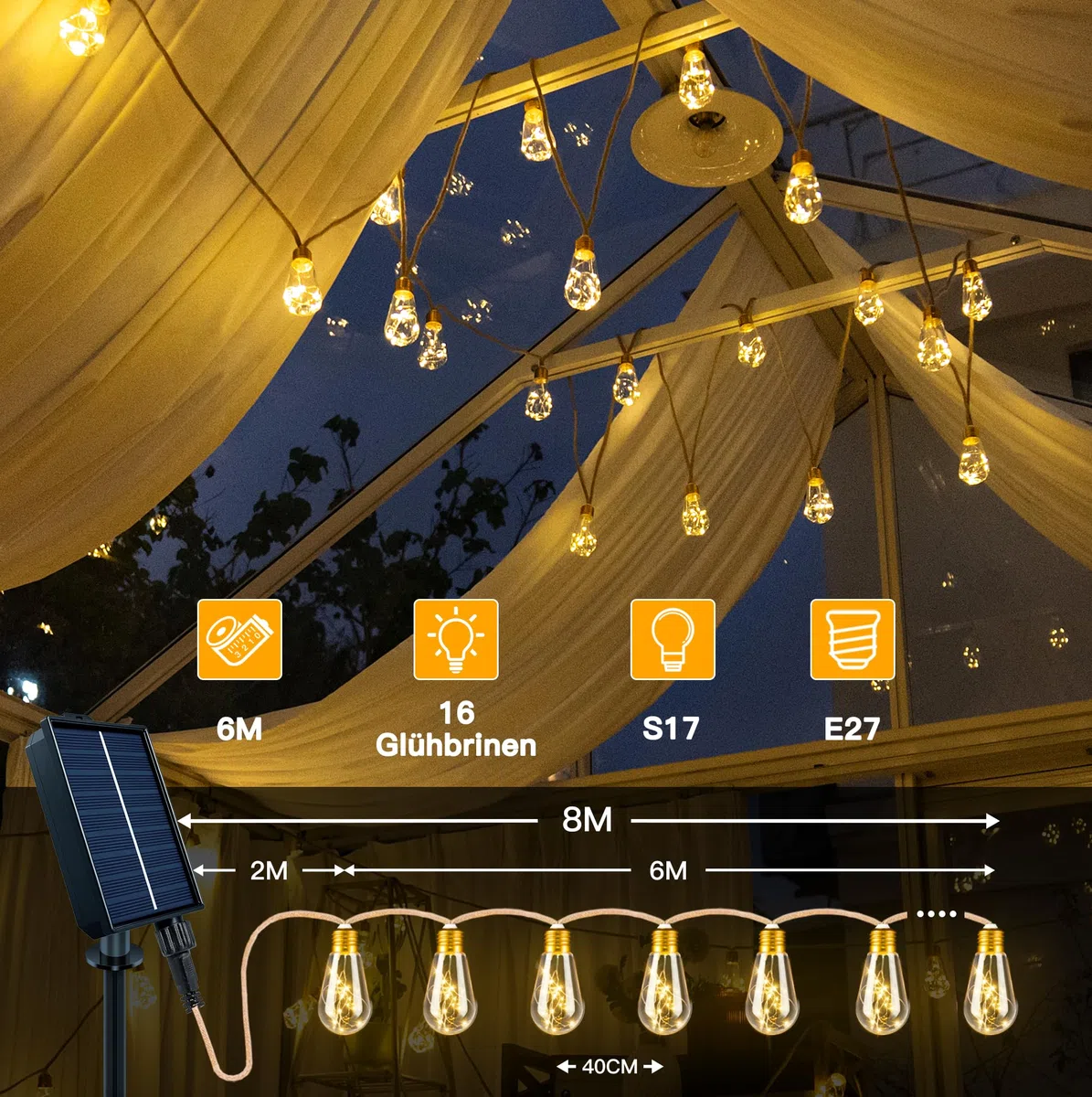 Ollny Guirlande Lumineuse Exterieure Solaire, 8m 16 S17 Ampoules, Guirlande Solaire Exterieur Guinguette avec Télécommande, 8 Modes-Minuterie-IP65 Étanche-USB, pour Jardin Balcon Terrasse Mariage Fête
