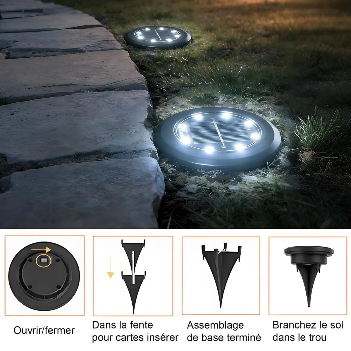Hqynss Lot de 8 Lampe Solaire Exterieur Au Sol, 8 LED Jardin Lumiere Solaire Extérieur, Lumière Solaire IP65 Étanche Longue Durée de Vie, Spot Solaire pour Chemins Pelouse Allée Terrasse, Blanc Froid
