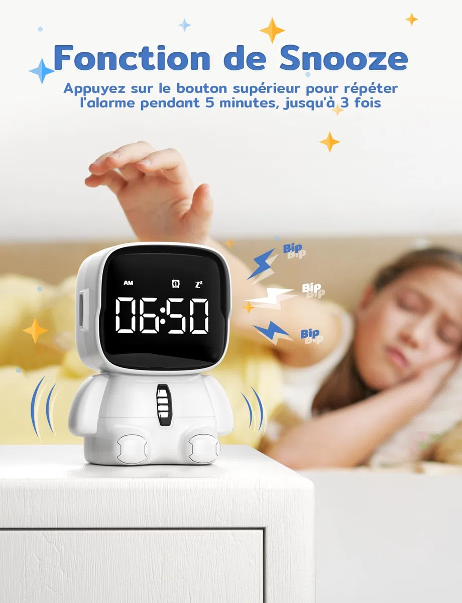 YISSVIC Réveil Enfant Réveil Matin Numérique 2 Alarme/12/24 Heure/Snooze/Minuterie 5 Musiques d'Alarme Son Réglable Port USB Rechargeable pour Enfants Adultes