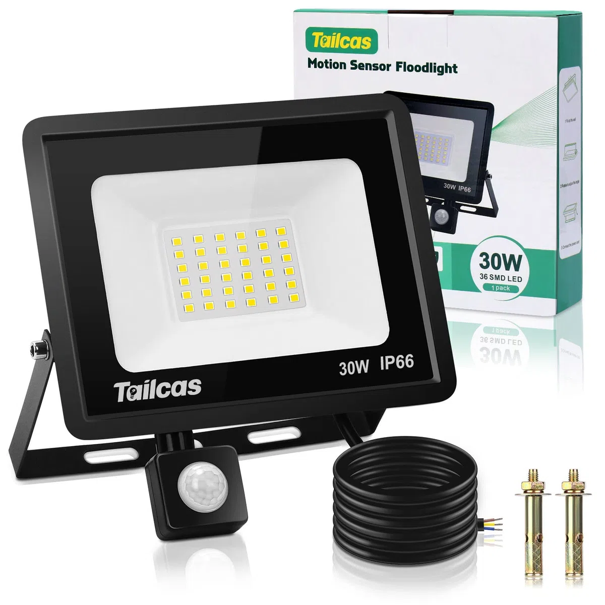 Tailcas 30W Projecteur Exterieur Detecteur de Mouvement, 6500K Blanc Froid 36 Leds Super Lumineux Spot, 2700 LM IP66 Etanche Eclairage Exterieur Avec Detecteur pour Jardin, Patio, Garage
