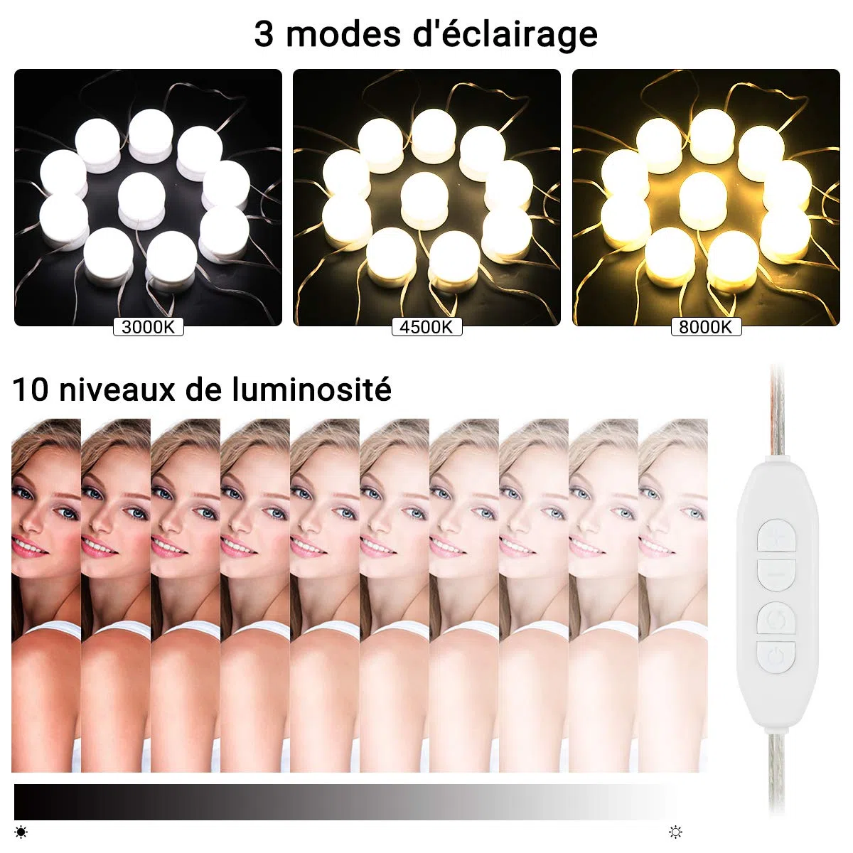 K KUMEED Guirlande Luminaire Hollywood 10 LED, 3 Températures & 10 Niveaux de Luminosité, Alimentation USB + Adaptateur, Fixation 3M, pour Coiffeuse Chambre Salle de Bain