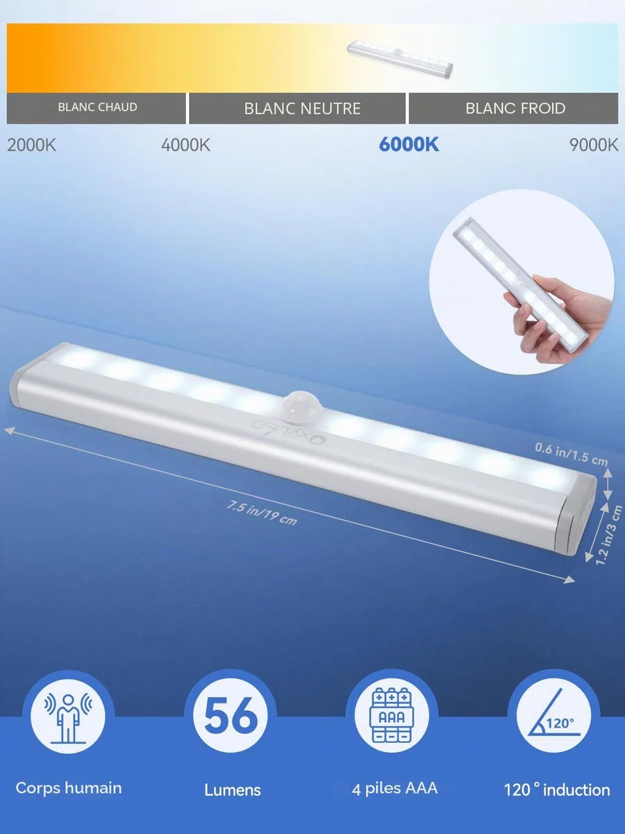 OxyLED Lampe Detecteur de Mouvement Interieur, Lampe A Pile 3PCS 6000K Auto ON/OFF Lampe Led Sans Fil Avec Bande Magnétique Barre Lumiere Escalier Led pour Veilleuse Cuisine Escalier Couloir