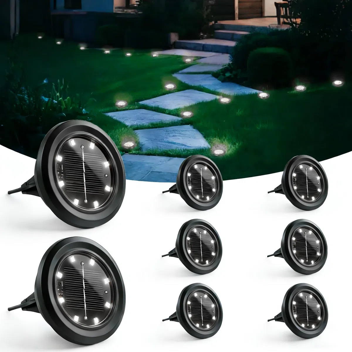 Hqynss Lot de 8 Lampe Solaire Exterieur Au Sol, 8 LED Jardin Lumiere Solaire Extérieur, Lumière Solaire IP65 Étanche Longue Durée de Vie, Spot Solaire pour Chemins Pelouse Allée Terrasse, Blanc Froid