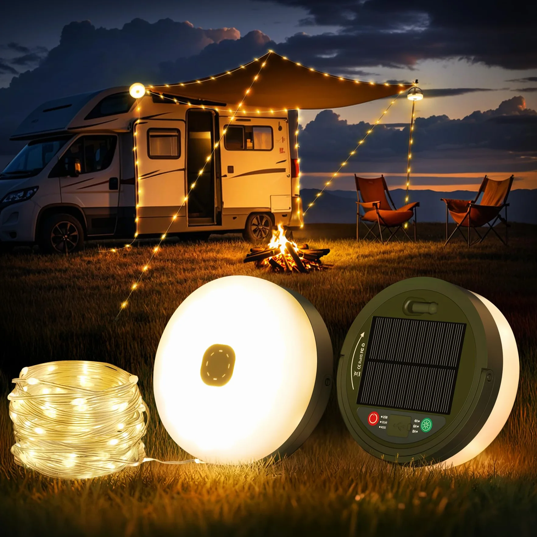 10M Chaîne Lumineuse de Camping Enroulable, Chaîne lumineuse LED d'extérieur étanche 4 en 1 avec 9 modes d'éclairage, portable Lampe de camping USB rechargeable pour le camping, la randonnée