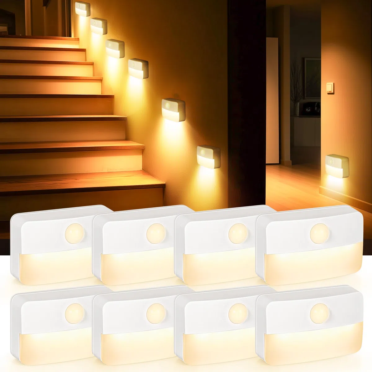 Lot de 8 Lampe LED Escalier Détecteur de Mouvement pour Escalier – Lumiere Veilleuse Detecteur de Mouvement, Adhésif Sans Fil Perçage, Mini Alimentée Par piles Enfant, pour Couloir/Armoire/Chambre