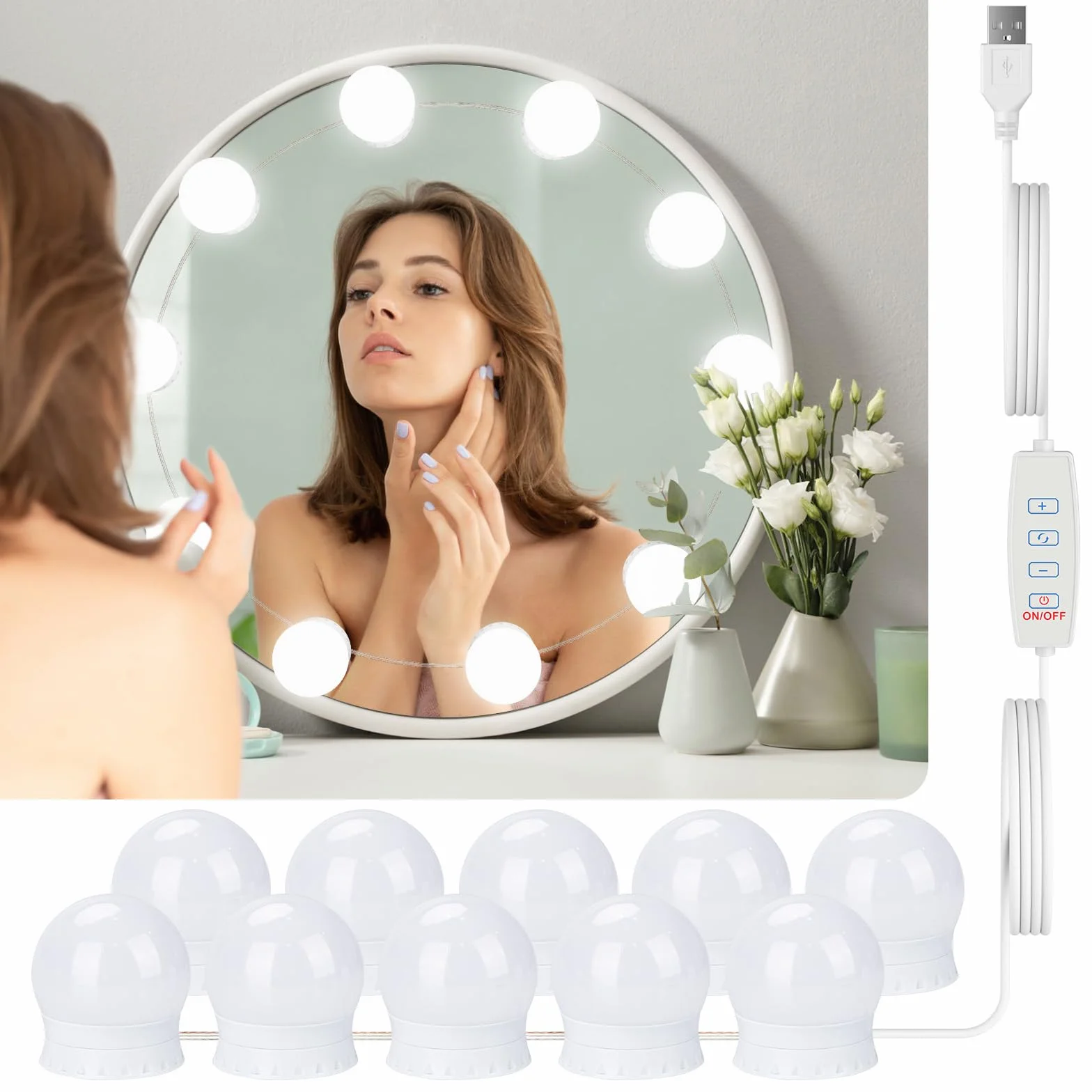 GLUROO Lampe de miroir de maquillage, lampes LED de coiffeuse avec 10 ampoules réglables, 3 modes de couleur, alimentée par USB, lumières de coiffeuse style Hollywood avec interrupteur