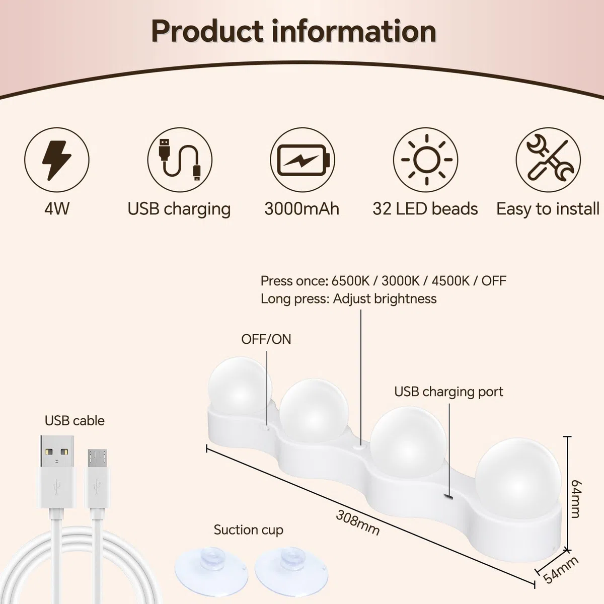 Lumiere Coiffeuse Maquillage sans fil, Dimmable, Rechargeable par USB, 3 Modes de Couleur, LED Lampe de Maquillage Portables, Eclairage Lampe de Miroir, Hollywood Kit Lumière du Miroir