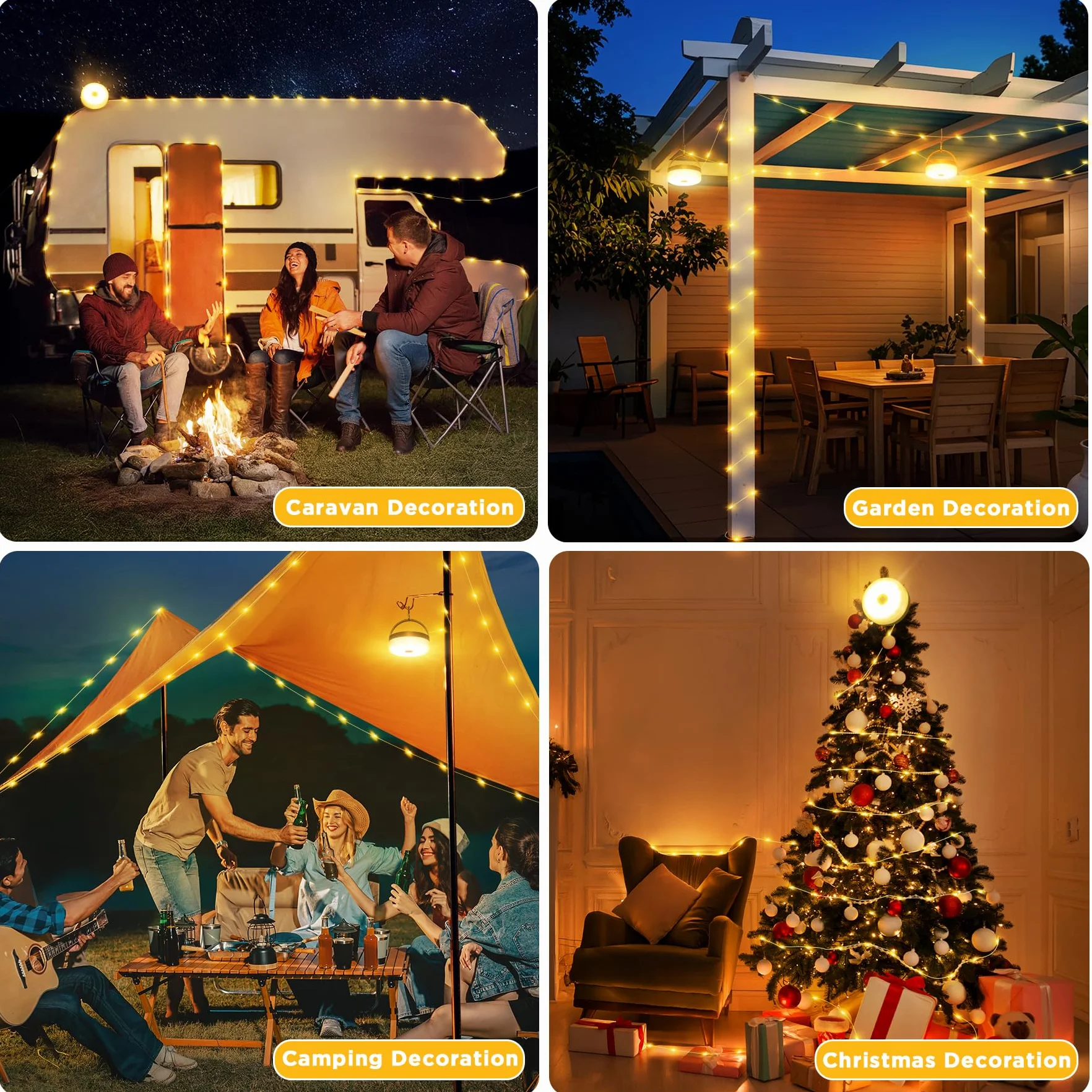 10M Chaîne Lumineuse de Camping Enroulable, Chaîne lumineuse LED d'extérieur étanche 4 en 1 avec 9 modes d'éclairage, portable Lampe de camping USB rechargeable pour le camping, la randonnée